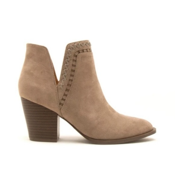 Ankle Heel Taupe Suede Booties with Braided stitch - Picture 6 of 8